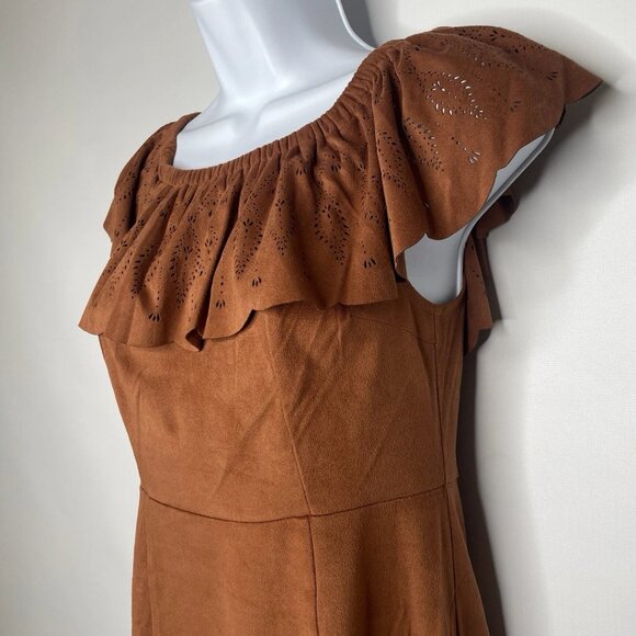 Shyanne Faux Suede Western Mini Dress Size S Chestnut Brown Ruffled Off Shoulder - Picture 6 of 8